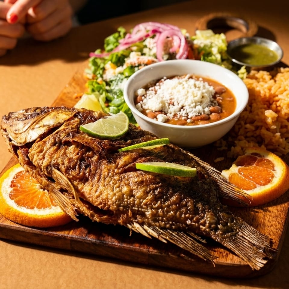 Crispy fried whole fish with lime, rice, beans, salad, and sauce on a wooden board.