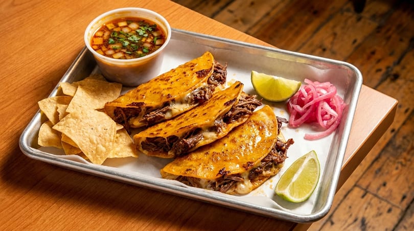 Three birria tacos with consommé, tortilla chips, pickled onions, and lime wedges on a tray.