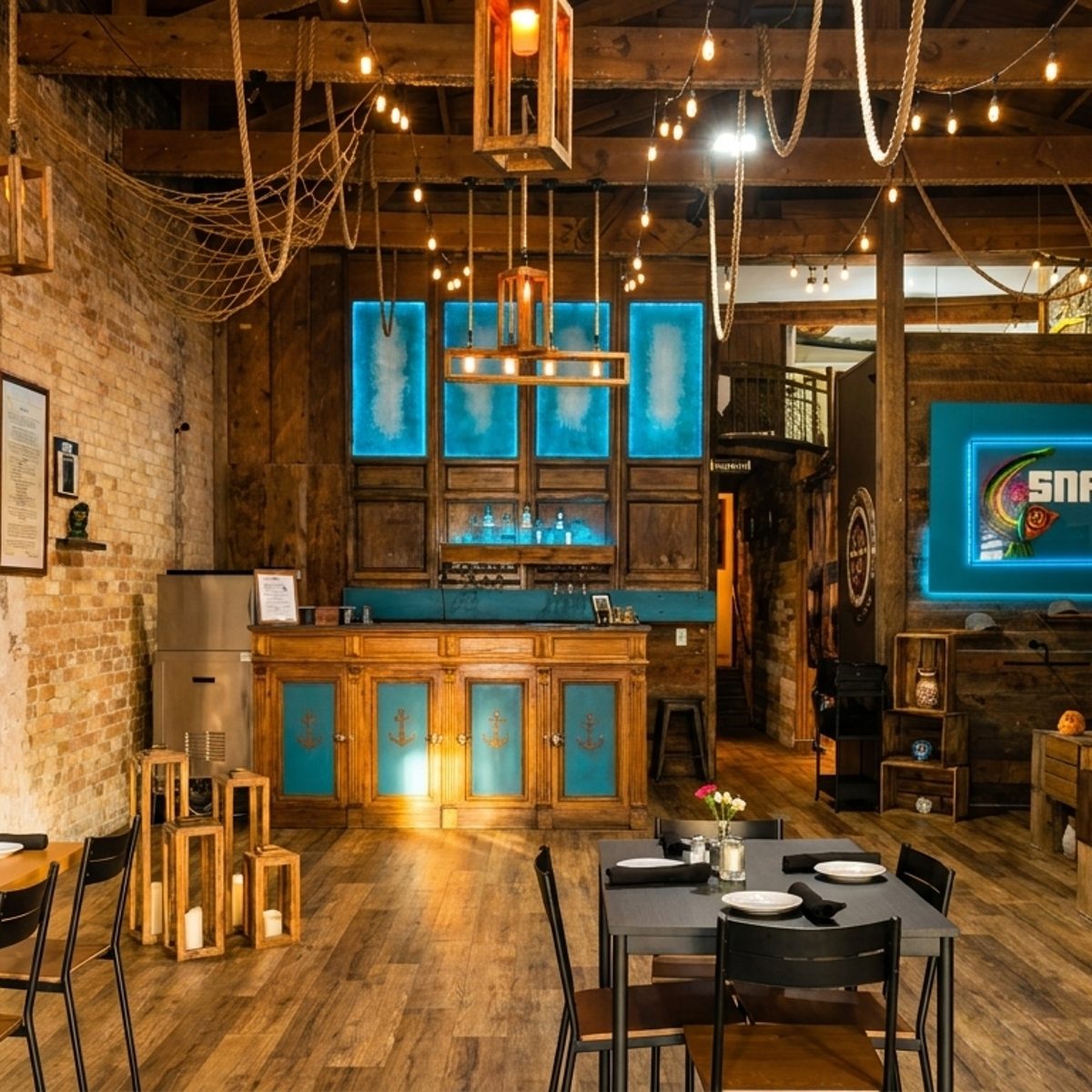 Exposed Brick, Neon Glow, Open Rafters