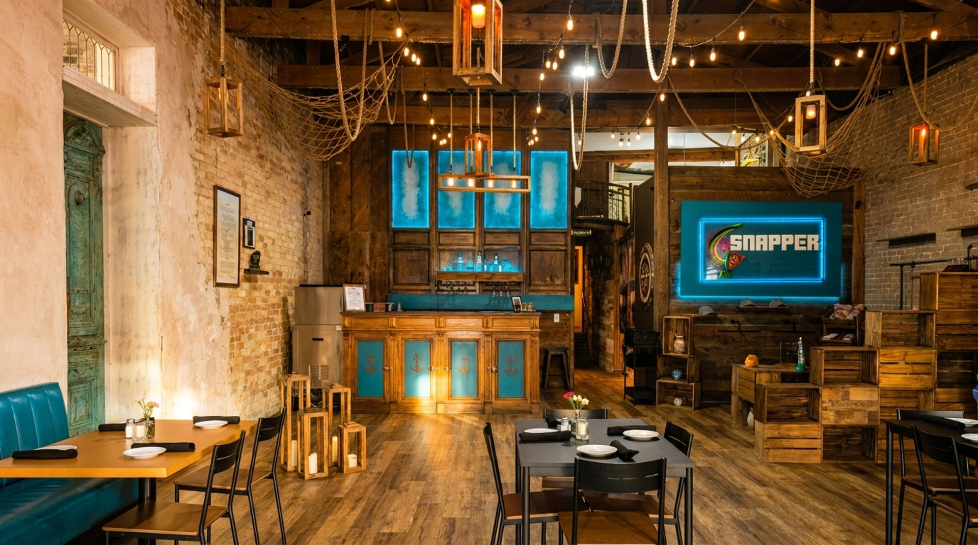Exposed Brick, Neon Glow, Open Rafters