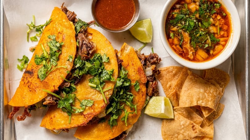 Birria tacos with cilantro, a side of consommé, salsa, lime wedges, and tortilla chips.