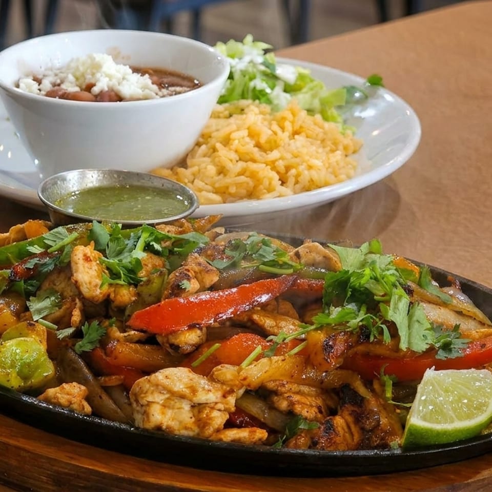 Sizzling chicken fajitas with peppers and onions, served with rice, beans, and salsa.